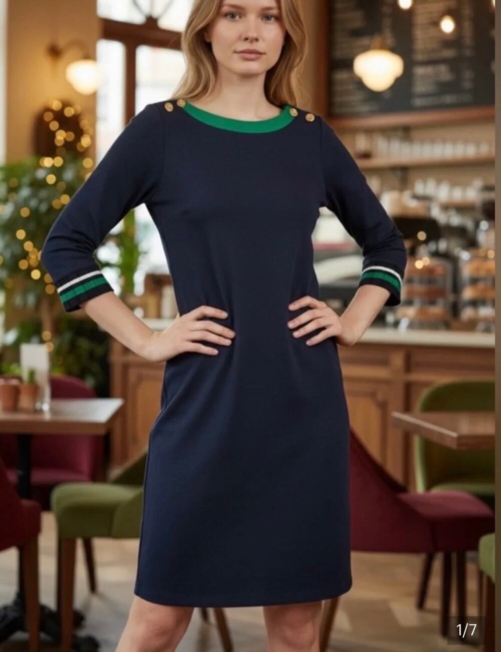 Talbots Navy Cotton Knit 3/4 Sleeve Knee Length Dress Size XS